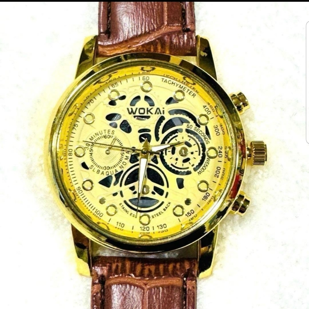 Gold and Brown Men's Skeleton Watch